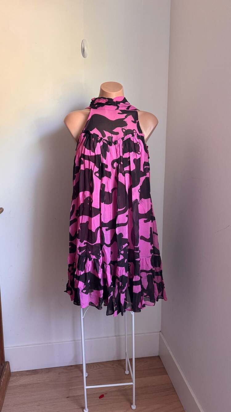 Maeve by Anthropologie Pink and Black Cat Pattern Halter Shift Dress